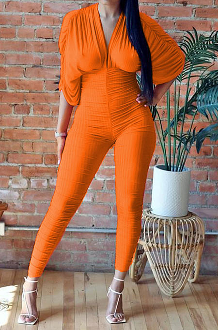 Orange Women Ribber Sexy Drawsting Ruffle Pure Color Bodycon Jumpsuits ATE65007-1