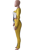 Yellow Blue Euramerican Women Bandage Ribber Spliced Hollow Out Long Sleeve Long Pants Sets NK262-1