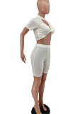 White Summer Sexy Ribber Short Sleeve Dew Waist Strapless Shorts Solid Color Two-Piece HXY8065