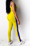 Yellow Women Sleeveless Bodysuit Zipper Tank Pants Sets QQM4300-1