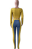 Yellow Blue Euramerican Women Bandage Ribber Spliced Hollow Out Long Sleeve Long Pants Sets NK262-1