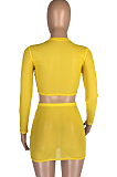 Yellow Sexy Mesh See-Through Long Sleeve Round Neck Crop Top Hip Skirts Pure Color Two-Piece LMM8273-3