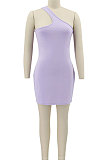 Purple Women Solid Color Irregular Sexy Tight High Elastic Off Shoulder Mini Dress KZ2126-2