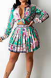 Pink Print Lapel Neck Button Long Sleeve Shirt Mid Waist Pleated Skirts Sets CM2149-9