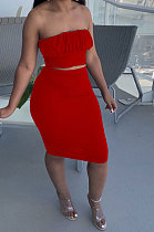 Red Women Cotton Pure Color Strapless Bowknot Backless Skirts Variety Style Two-Pieces QQM4301-2