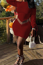 Wine Red Personality Pure Color Long Sleeve Round Neck Top Tight Mini Skirts Sets SNM8235-1