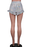 Silver Fashionable Women Ruffle Laser Glass Floral Shiny Mini Shorts HR8188-2