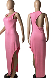 Pink Fashion Women Sleeveless Round Collar Hollow Out Slim Fitting Slit Solid Color Tank Long Dress YFS10008-1