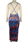Blue Women Tie Dye Demin Pattern Random Printing Condole Belt Backless Long Dress QQM4309-1
