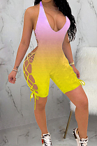 Yellow Sexy Gradient Halter Neck Backless Bandage Slim Fitting Romper Shorts JH159-1