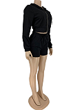 Black Autumn And Winter Long Sleeve Hoodie Zippet Dew Waist Coat Shorts Sports Sets DN8628-2