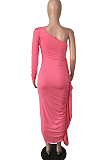 Pink Autumn And Winter One Shoulder Long Sleeve Ruffle Laces Sexy Long Dress QY5082-1