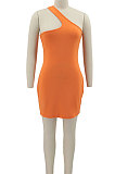 Orange Women Solid Color Irregular Sexy Tight High Elastic Off Shoulder Mini Dress KZ2126-1