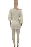 Beige Summer New Flare Half Sleeve Loose Top Bodycon Pants Solid Color Casual Sets HXY8056-2