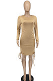 Lemon Yellow Women Round Neck Long Sleeve Solid Color Shirred Detail Bodycon Mini Dress ATE65008-3