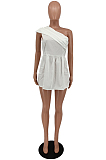 White Summer New Oblipue Shoulder Solid Collcet Waist Color Mini Dress HXY8061