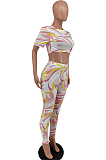 White Summer Printing Short Sleeve Round Collar Crop Top Bodycon Pants Two-Piece HXY8062