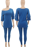 Blue Summer New Flare Half Sleeve Loose Top Bodycon Pants Solid Color Casual Sets HXY8056-3