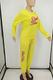 Yellow Cotton Blend Letter Printing Long Sleeve Round Neck Fleece Long Pants With Pocket Sports Sets HXY8038-2