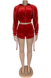 Black Autumn And Winter Velvet Long Sleeve Zipper Hoodie Dew Waist Shorts Sports Sets DN8518-3