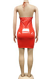 Red Euramerican Fashion Sexy Condole Belt Hollow Out Solid Color Leather Mini Dress XZ5162-3