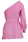 Pink Euramerican Women Solid Color Oblique Shoulder Single Sleeve T Shirt/Shirt Dress ED8387-1