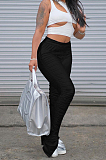 Silver Fashion Women Elastic High Waist Tight Ruffle Slit Pants LSZ91185-2