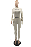 Khaki New Ribber Lettet Embroidered Long Sleeve O Neck Bodycon Pants Casual Two-Piece YYF8242-1