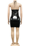 Black Euramerican Fashion Sexy Condole Belt Hollow Out Solid Color Leather Mini Dress XZ5162-1
