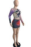 Colorflu New Personality Printing Long Sleeve Round Collar T-Shirt Bodycon Hip Skirts Sets JG058 