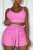 Pink Euramerican Plaid Printing Condole Belt Crop Strapless High Waist Shorts Two-Piece HHM6192-2