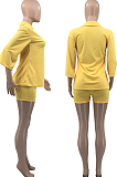Yellow Autumn Women Nine Points Sleeve Tailored Collar Top High Waist Shorts Solid Sets QSS8025-2