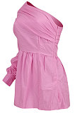 Black Euramerican Women Solid Color Oblique Shoulder Single Sleeve T Shirt/Shirt Dress ED8387-4
