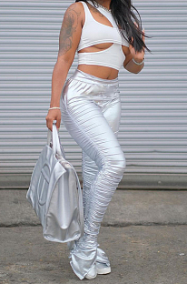 Silver Fashion Women Elastic High Waist Tight Ruffle Slit Pants LSZ91185-2