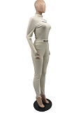 Khaki New Ribber Lettet Embroidered Long Sleeve O Neck Bodycon Pants Casual Two-Piece YYF8242-1