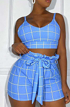 Blue Euramerican Plaid Printing Condole Belt Crop Strapless High Waist Shorts Two-Piece HHM6192-1