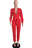 Black Casual Pure Color  Long Sleeve Lapel Collar Zipper With Beltband Slim Fitting Overall Jumpsuit LML264-3