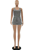 Gray Cute Fashion Stripe Condole Belt Tank Shorts Casual Sets LSZ9070-1