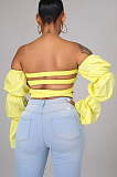 White Women Solid Color Strapless Long Sleeve Ruffle Bodycon Backless Crop Tops YF9134-1