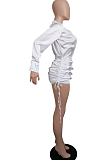 White New Autumn Drawsting Long Sleeve Lapel Colllar Single-Breasted Shirt Dress LML262-1