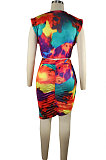 Multicolor Women Tie Dye Printing Knotted Ruffle Skirts Sets QQM4313