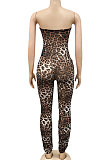 Brown Women Strapless Sexy Tight Perspectivity Mesh Spaghetti Printing A Word Shoulder Bodycon Jumpsuits NO Waistband XZ5185-1