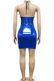 Blue Euramerican Fashion Sexy Condole Belt Hollow Out Solid Color Leather Mini Dress XZ5162-2