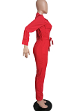 Red Casual Pure Color  Long Sleeve Lapel Collar Zipper With Beltband Slim Fitting Overall Jumpsuit LML264-2