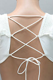 White Mesh Spaghetti Lace Sexy V Neck Dew Waits Back Bandage Long Sleeve Mini Dress YF9187-1