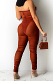 Red Strapless Sexy Pure Color Bandage Back Zipper Perspectivity Ruffle Bodycon Jumpsuits XZ5183-2