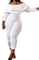 White Euramerican Women Solid Color Flounce Long Sleeve Ribber Bodycon Jumpsuits QHH8662-1