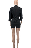 Black Autumn Women Nine Points Sleeve Tailored Collar Top High Waist Shorts Solid Sets QSS8025-3