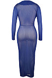 Blue Women Hot Golden Sequins Mesh Spaghetti Long Sleeve Club Long Dress No Underwear QQM4318