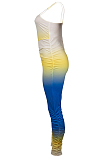 Yellow Blue Gradient Summer Sexy Condole Belt Slim Fitting Ruffle Bodycon Jumpsuits MD308-4